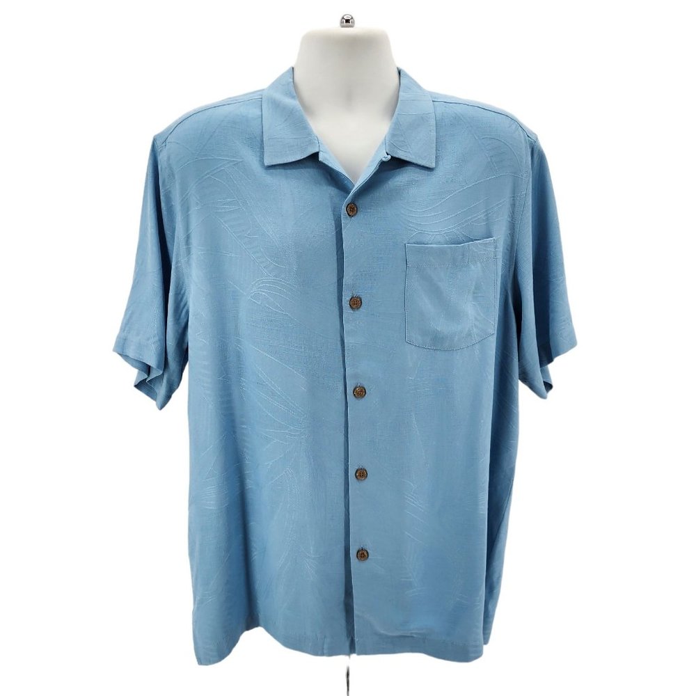 Tommy Bahama Silk Rayon Tropical Floral Blue Button Hawaiian Shirt Mens Large